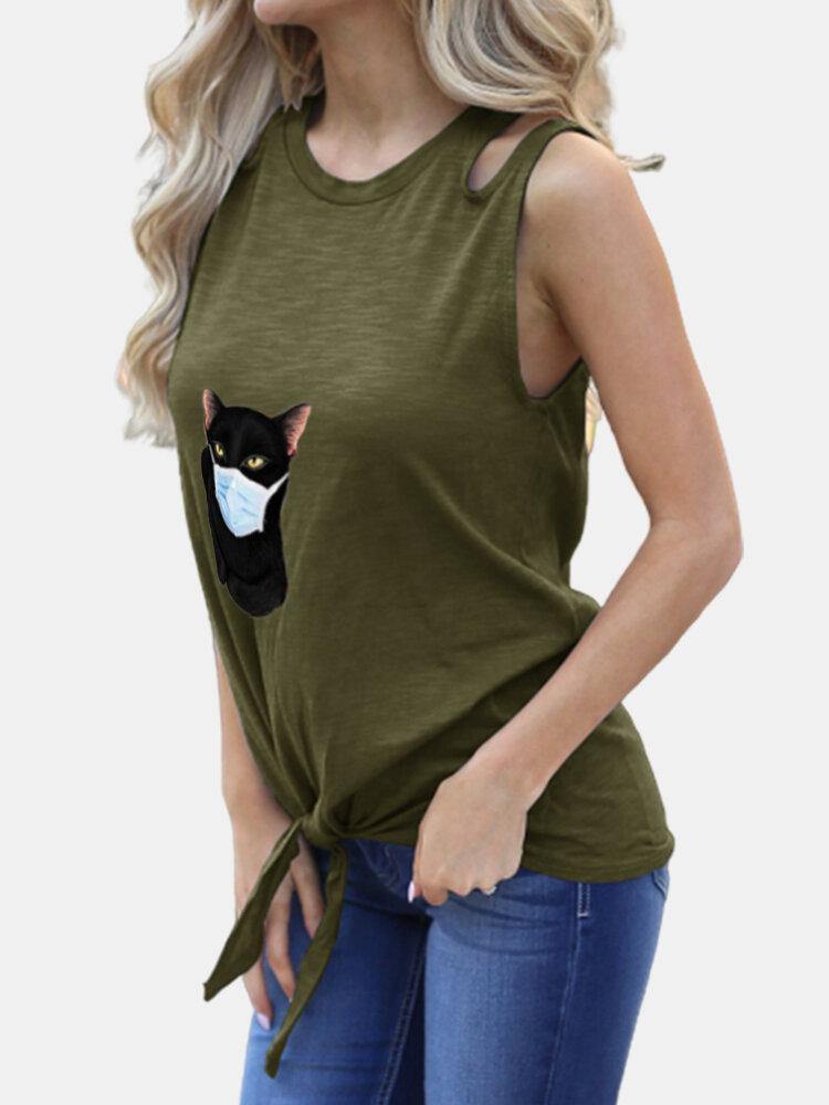 Cartoon Cat Printed Sleeveless Women Casual Tank Tops - Trendha
