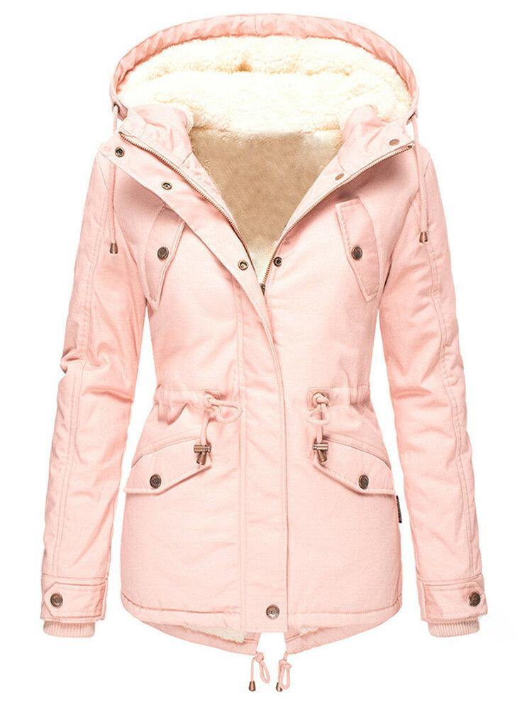 Women Solid Color Warm Fleece Lined Hooded Coats With Pocket - Trendha