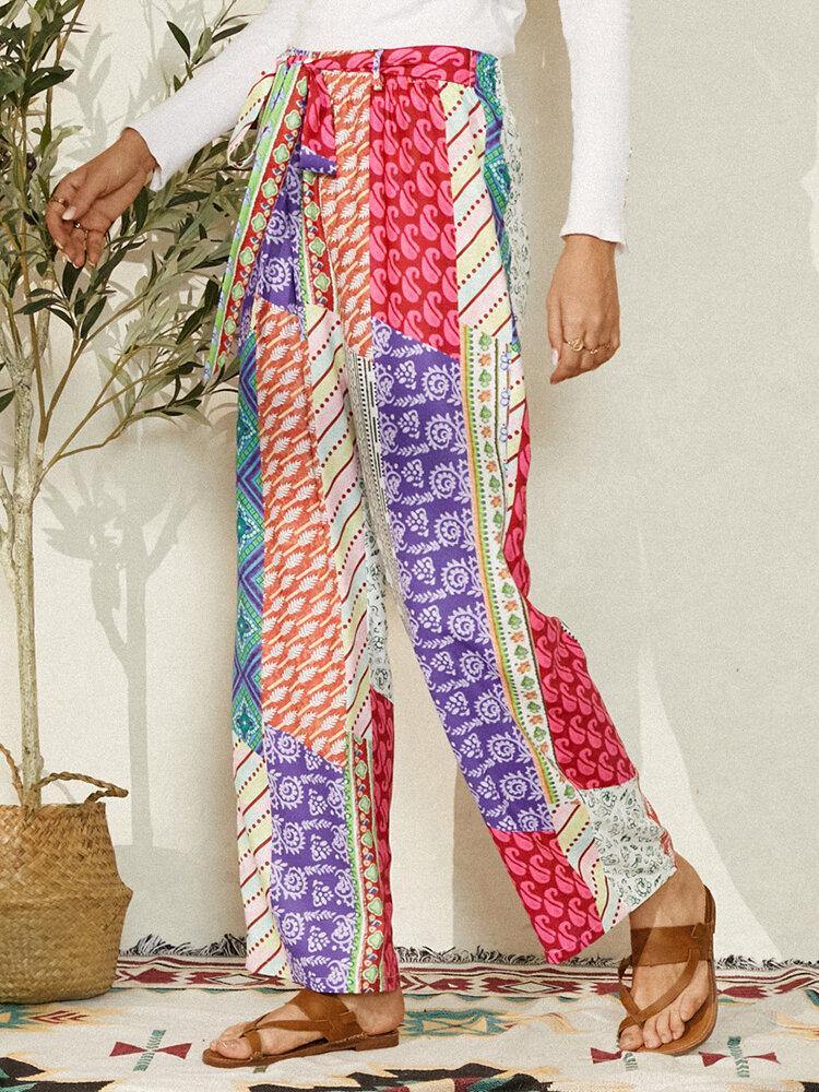 Colorblock Print Belted Ethnic Style Loose Pants For Women - Trendha