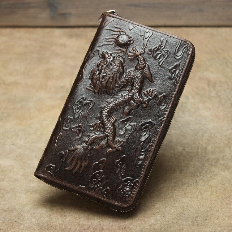 Men Genuine Leather Cowhide Dragon Pattern Retro Multi-slot Long Clutch Purse Card Holder Wallet - Trendha