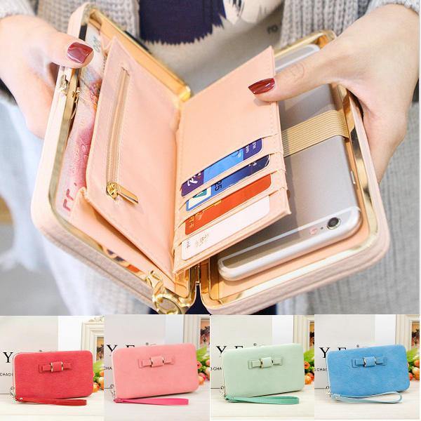 Women Candy Color Bowkot 5.5 Inch Phone Wallets Case Hasp Long Purse Clutches - Trendha