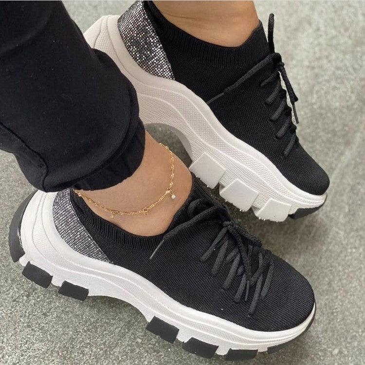 Wedge-heel Flying Knit Color-block Lace-up Sneakers - Trendha