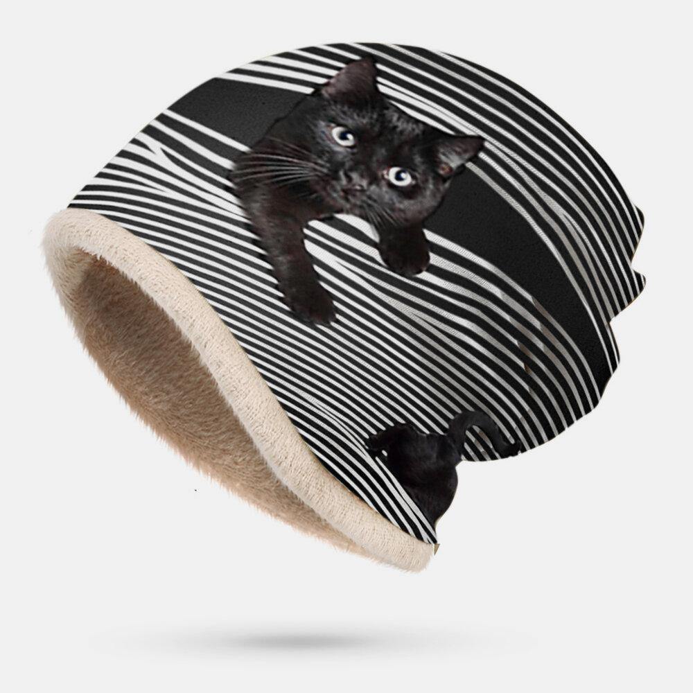 Women Plus Velvet Thick 3D Cat Stripes Print Soft Personality Breathable Turban Cap Beanie - Trendha