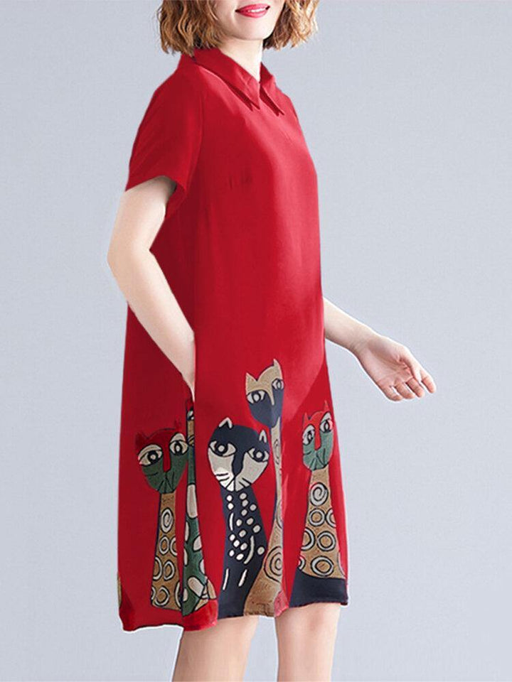 Short Sleeve Lapel Loose Back Button Animal Printed Dress For Women - Trendha