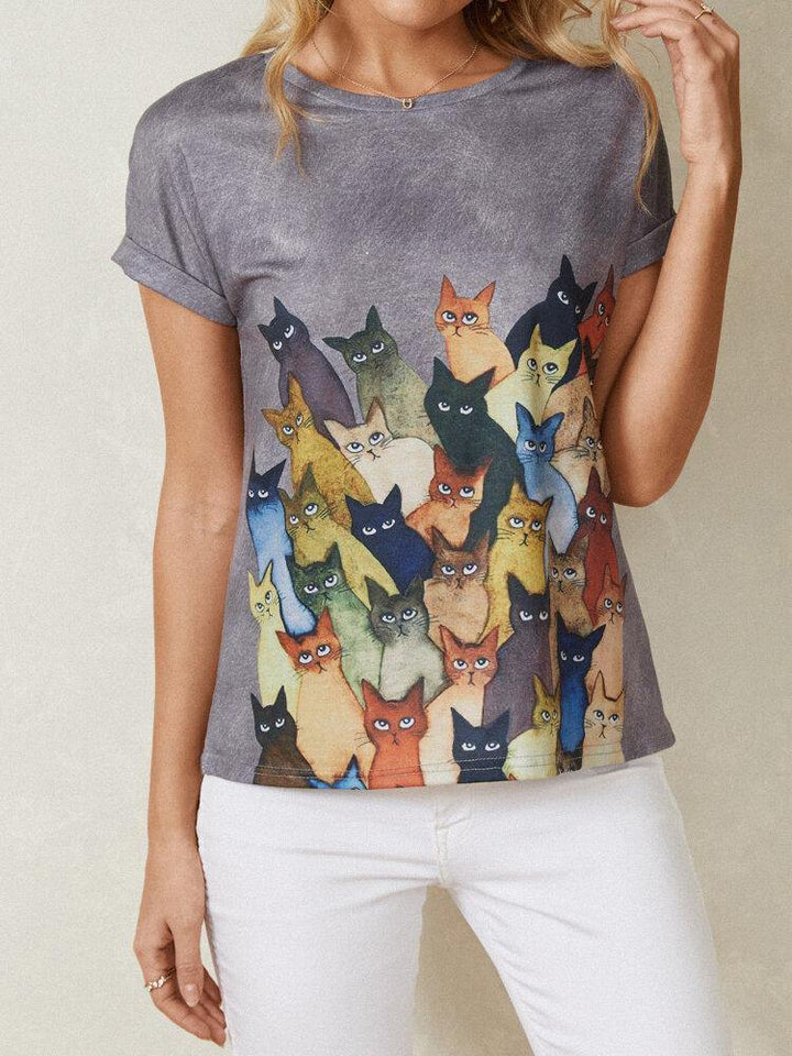 Women Cute Cat Print Round Neck Casual Short Sleeve T-Shirts - Trendha