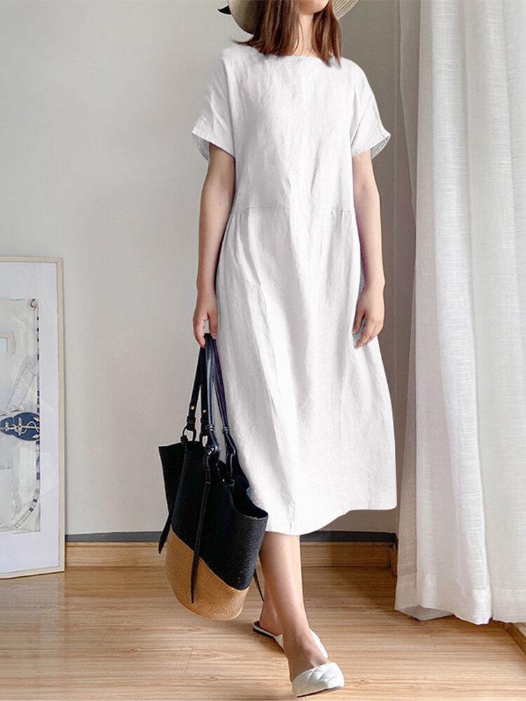 100% Cotton Solid Pleating Side Pockets Midi Dress - Trendha