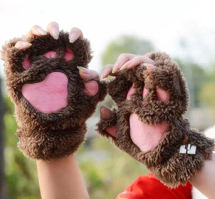 Women Girls Fluffy Plush Bear Cat Paw Fingerless Gloves Paw Glove Winter Warm Mittens - Trendha