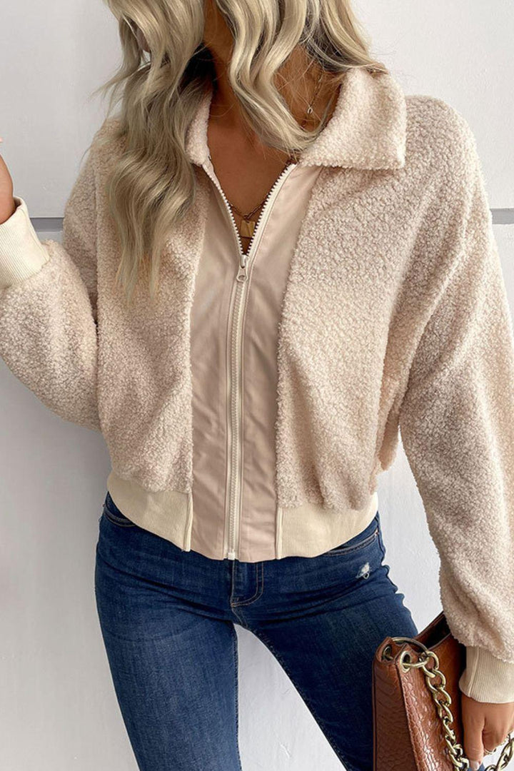 Zip-Up Sherpa Collared Neck Jacket with Pockets - Trendha