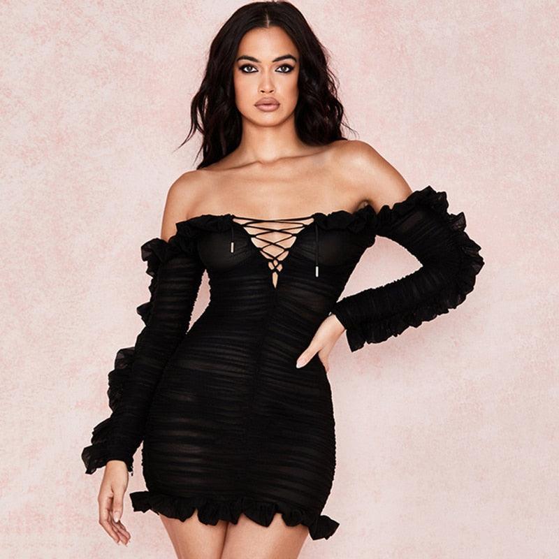 Long-sleeved lace dress with mesh ruffles - Trendha