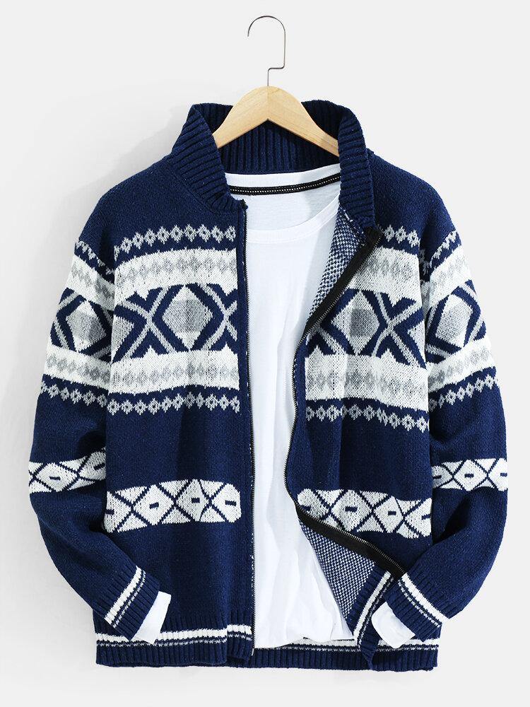 Mens Tribal Pattern Knitted Baseball Collar Vintage Sweater Cardigans - Trendha