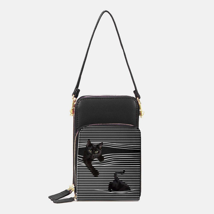 Women Faux Leather Casual Cute Black Cat and Stripes Pattern Adjustable Shoulder Bag Crossbody Bag - Trendha