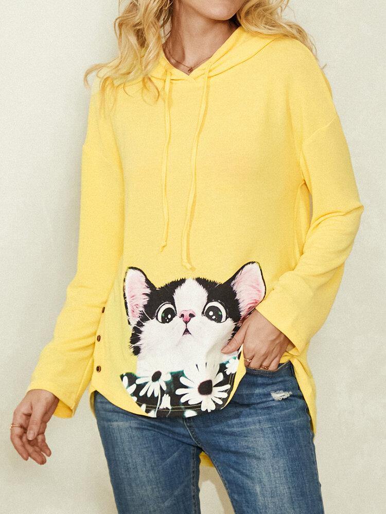 Cartoon Cat Flower Print Side Button Drawstring Curved Hem Pullover Hoodie For Women - Trendha