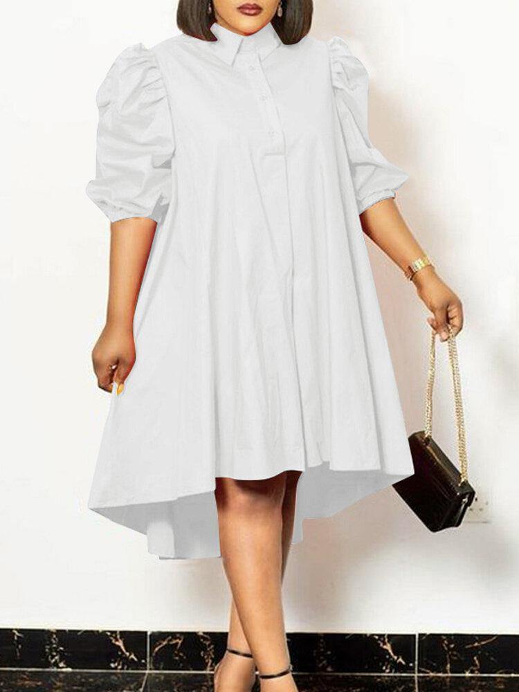 Lapel Solid Leisure Casual Puff Sleeve Dress For Women - Trendha