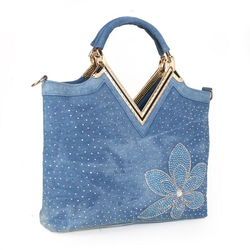 Fashion Women's V-shaped Diamond Flower Denim Bag - Trendha