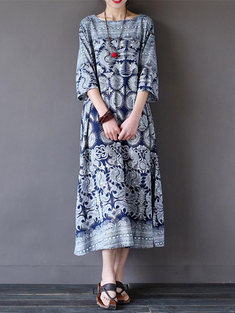 Women Loose Retro Printing 3/4 Sleeve Maxi Dress - Trendha