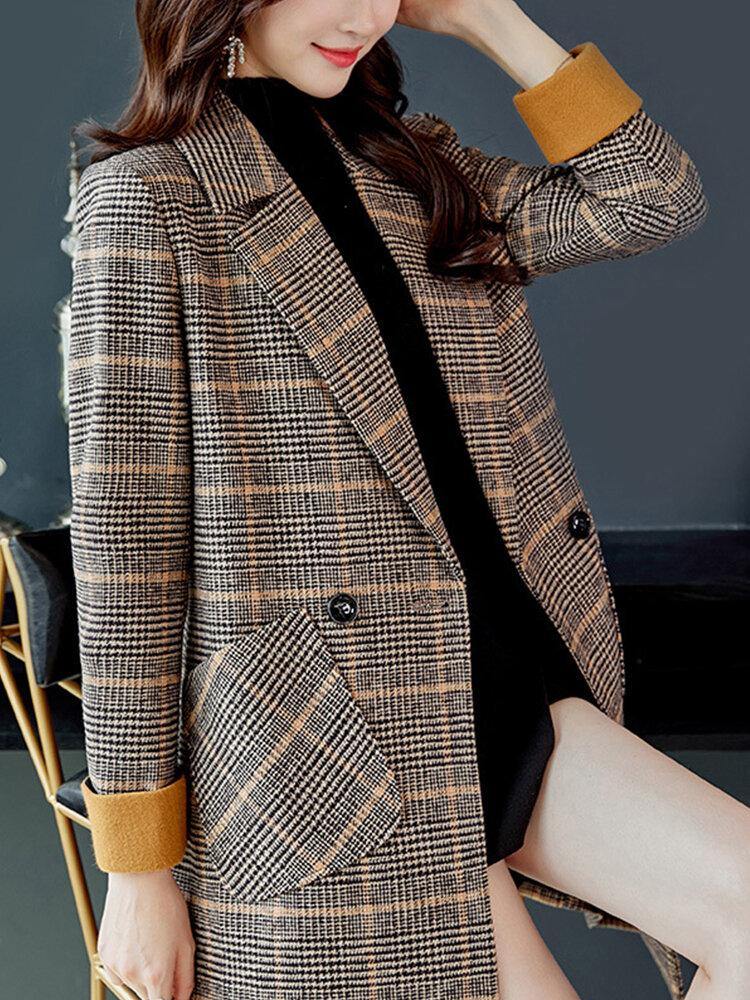 Women Classic Plaid Double Breasted Long Sleeve Coat With Pocket - Trendha