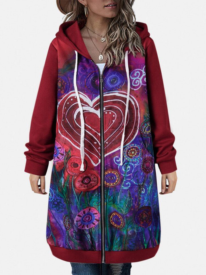Women Vintage Heart Floral Printed Zipper Front Hooded Coat With Pocket - Trendha