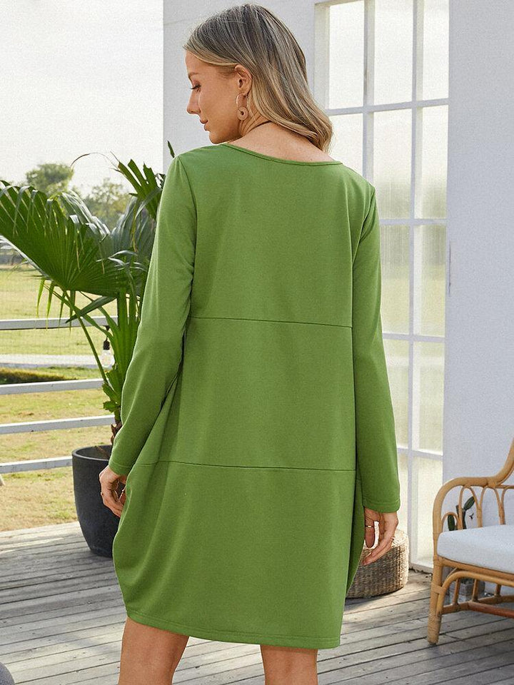 Women Solid Color Stitching V-Neck Casual Long Sleeve Mini Dresses - Trendha