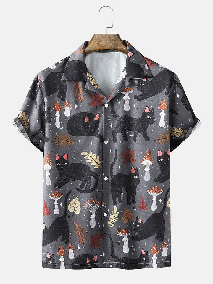 Mens Street Cat & Mushroom Print Revere Collar Shirts - Trendha