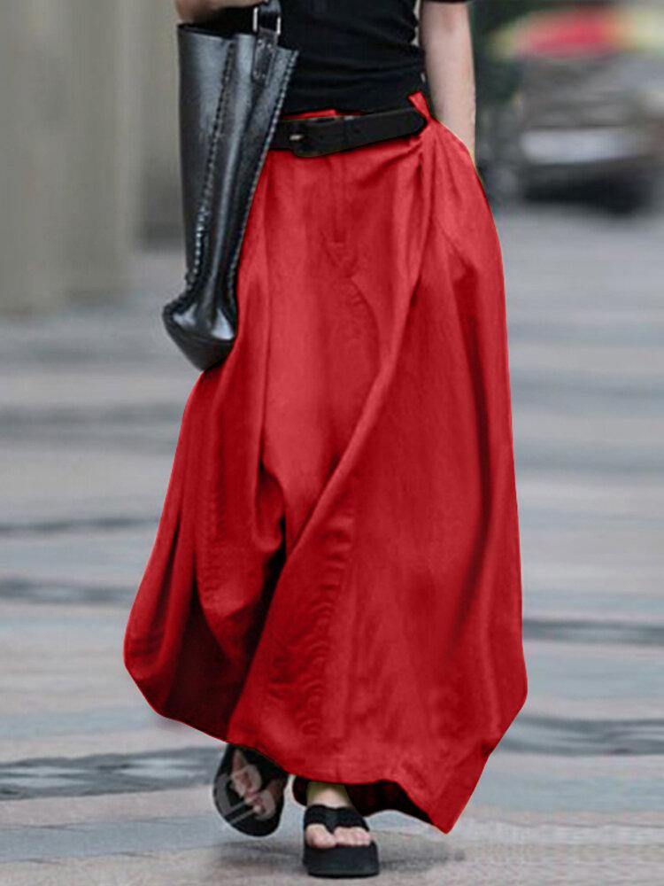 Women Cotton High Elastic Waist Side Pocket Zipper Solid Casual Skirts - Trendha