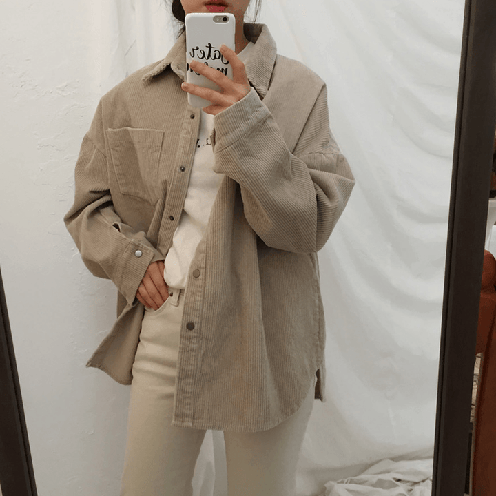 Women Corduroy Solid Long Sleeve Casual Lapel Coat With Front Pockets - Trendha