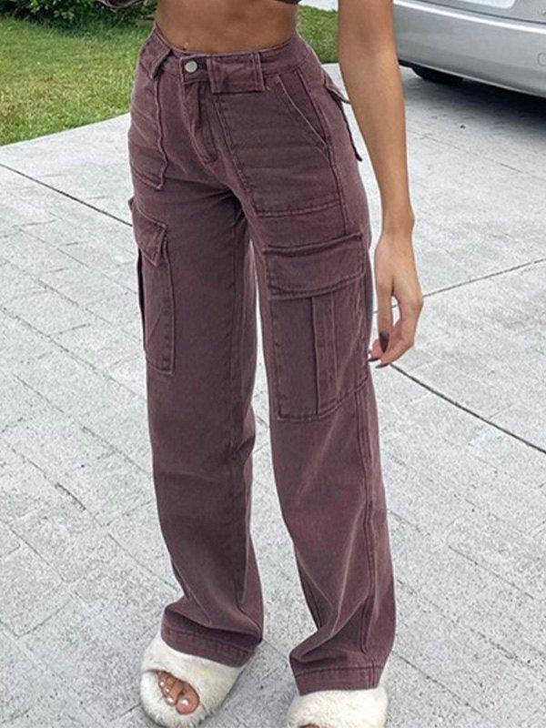 Women's Pants Solid Color Pocket Stitching Basic Casual Loose Mid-waist Jeans - Trendha