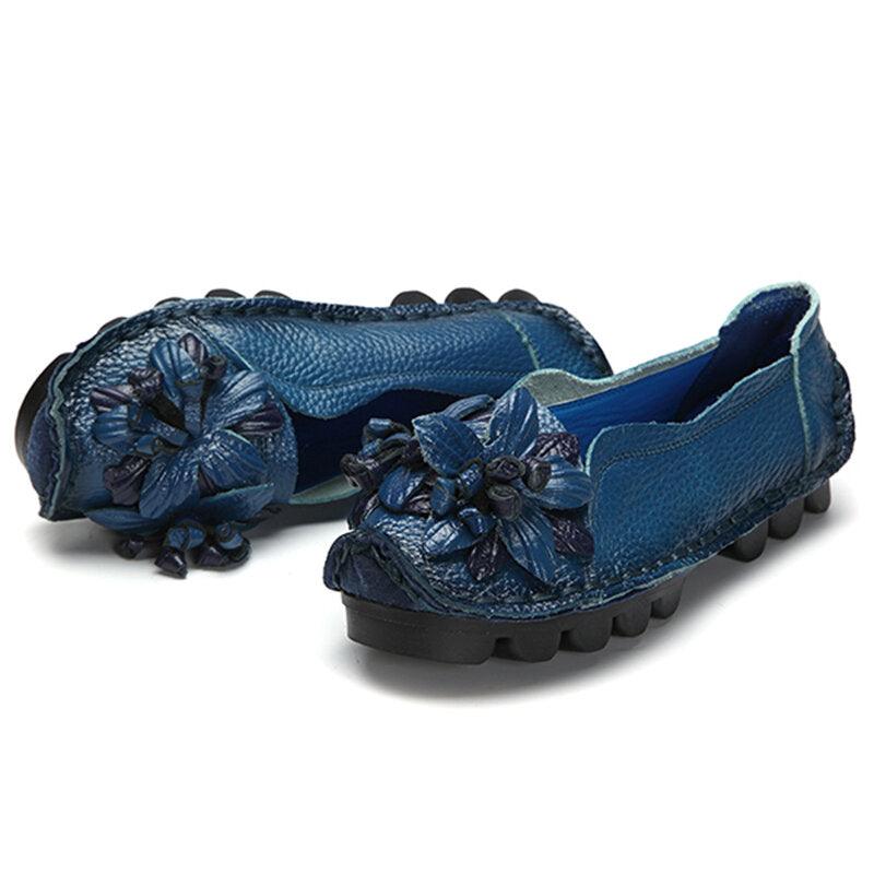 Women Genuine Leather Handmade Decoration Flowers Vintage Slip On Flats Loafers - Trendha