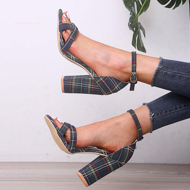 Women Plaid Cross Strap Lattice Decor Buckle High Heel Sandals - Trendha