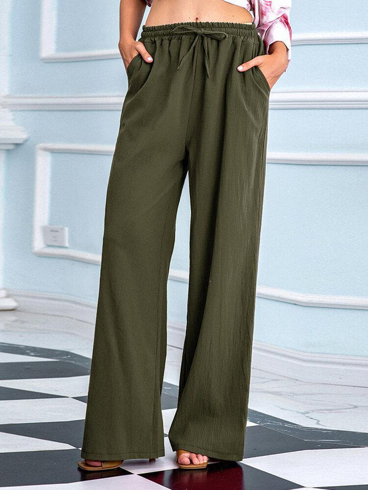 Women Loose Casual Solid Color Drawstring Mid Waist Straight Pants - Trendha