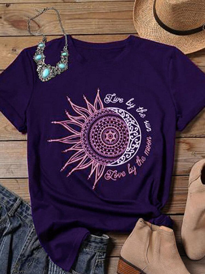 Sunflower Moon Print O-neck Short Sleeve Casual T-shirts For Women - Trendha