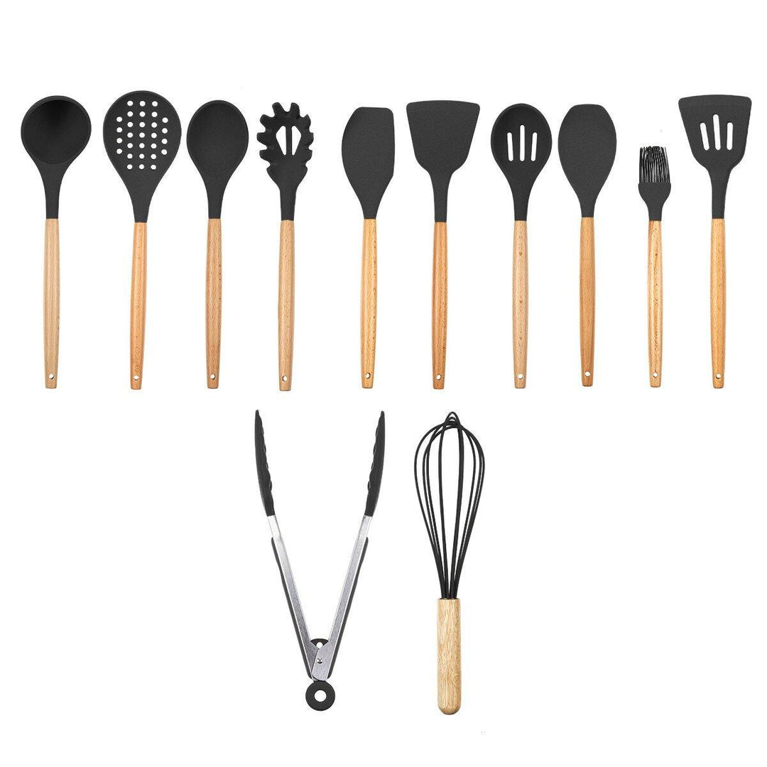 12pcs Wooden Silicone Kitchen Utensil Nonstick Cooking Tool Spoon Soup Ladle Turner Spatula Tong Cookware Baking Gadget - Trendha