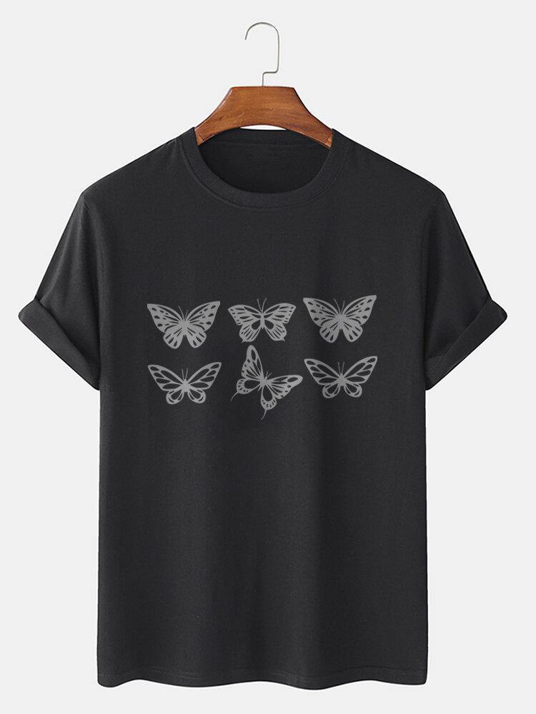 Mens 100% Cotton Butterfly Graphics Crew Neck Short Sleeve T-Shirts - Trendha