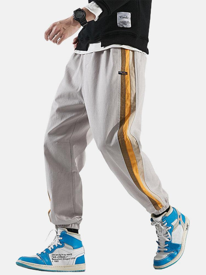 Mens Side Striped Applique Cotton Drawstring Cuffed Jogger Pants - Trendha
