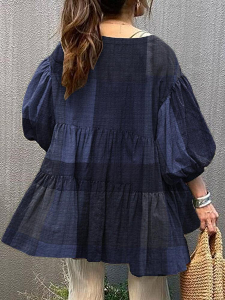 Women Plaid Button Up Ruffle Half Sleeve Loose Casual Blouses - Trendha