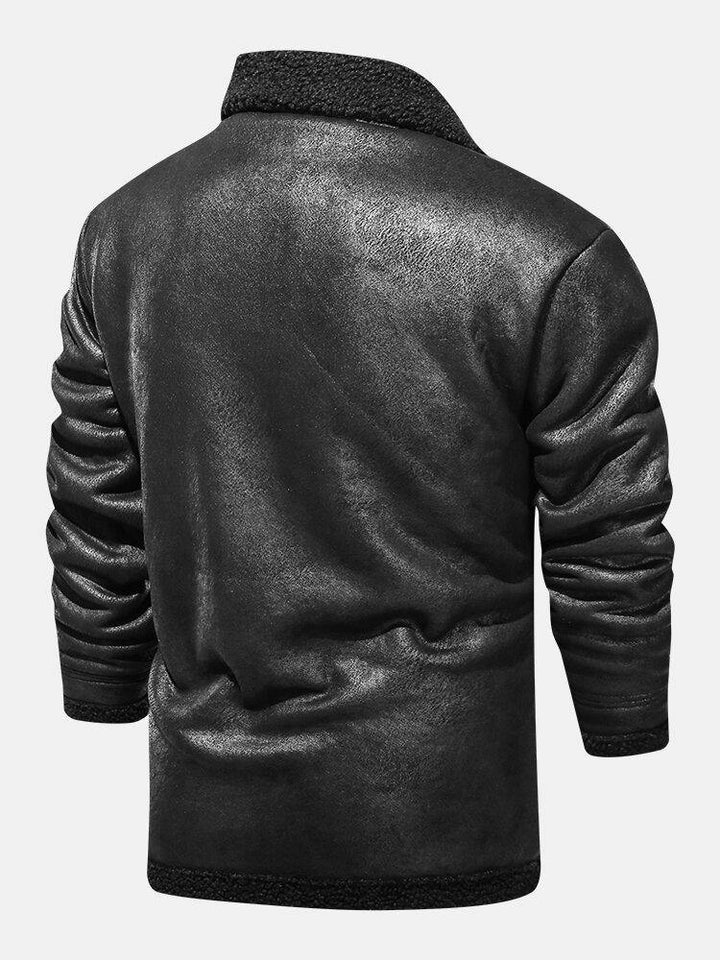 Mens Solid Color Warm Button Up Fleece Lined Thicken PU Leather Jacket With Pocket - Trendha