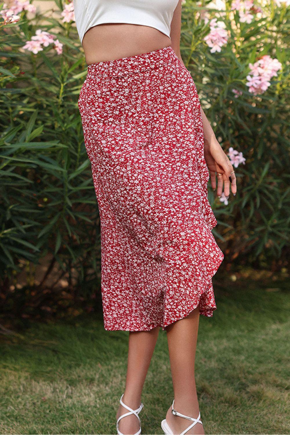 Ditsy Floral Asymmetrical Ruffled Skirt - Trendha