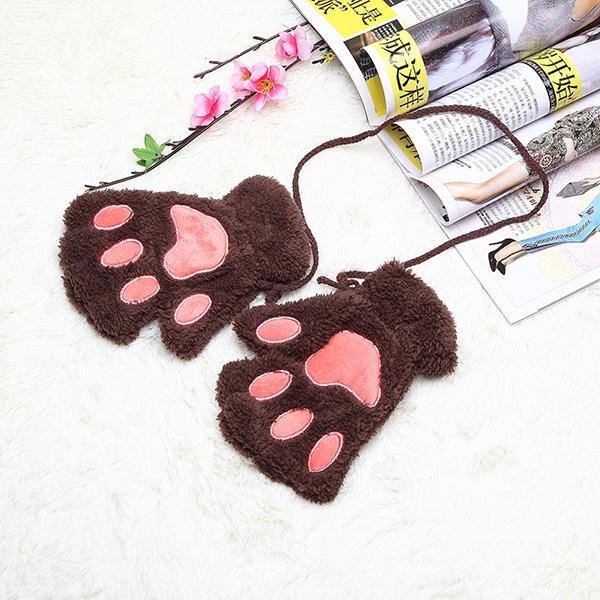 Women Girls Fluffy Plush Bear Cat Paw Fingerless Gloves Paw Glove Winter Warm Mittens - Trendha