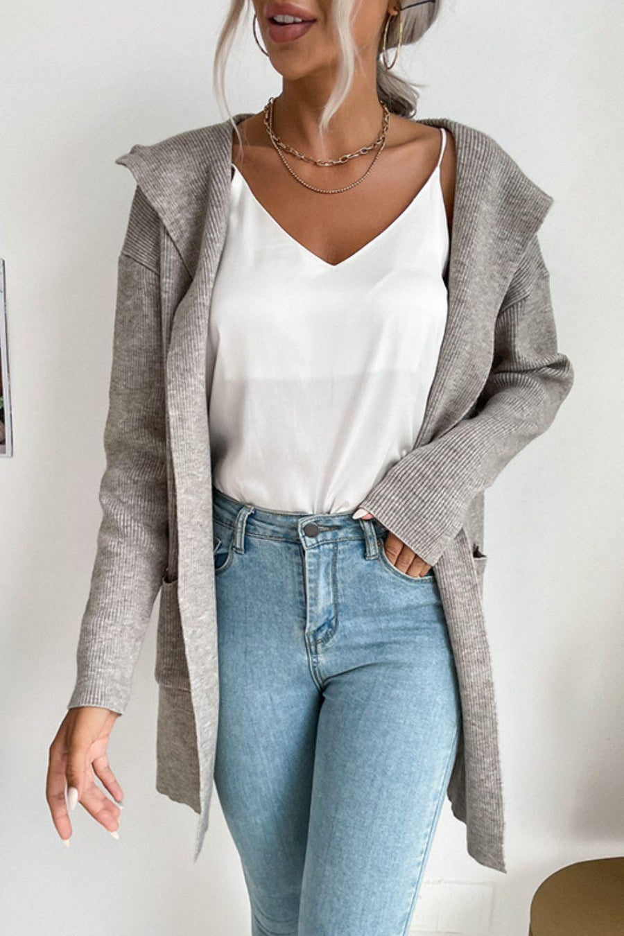 Ribbed Open Front Hooded Cardigan with Pockets - Trendha