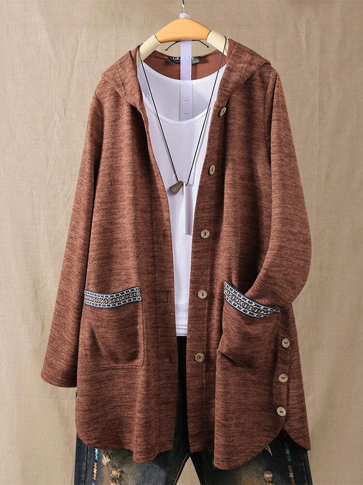 Solid Color Side Button Print Patchwork Long Sleeve Coats - Trendha