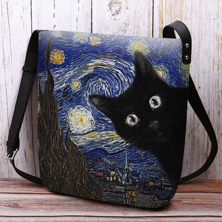 Women Felt Cute Casual Cartoon Cat Pattern With Starry Night Galaxy Paintings Crossbody Bag Shoulder Bag - Trendha
