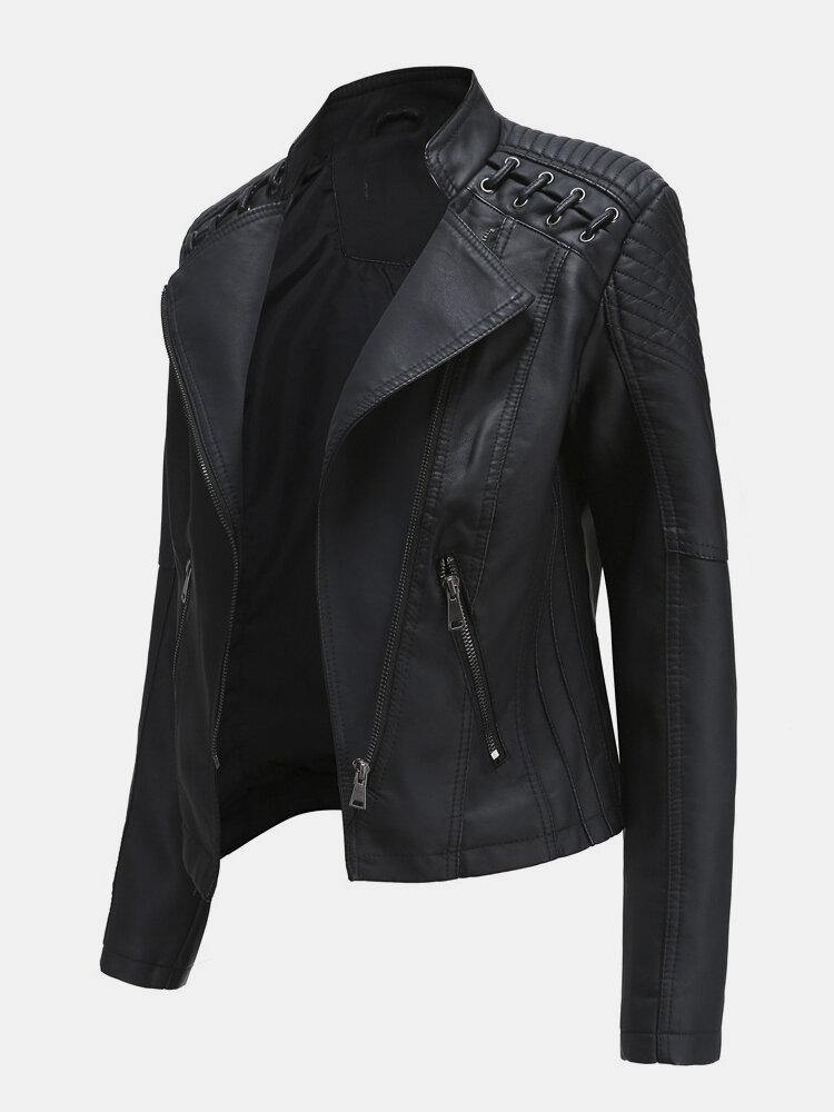 Women Faux PU Leather Solid Color Motorcycle Jacket - Trendha
