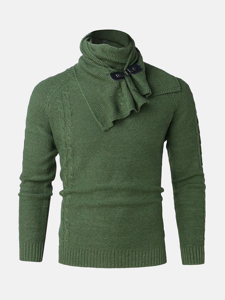 Mens Warm Solid Color Round Neck Long Sleeve Knitted Sweaters With Scarf - Trendha