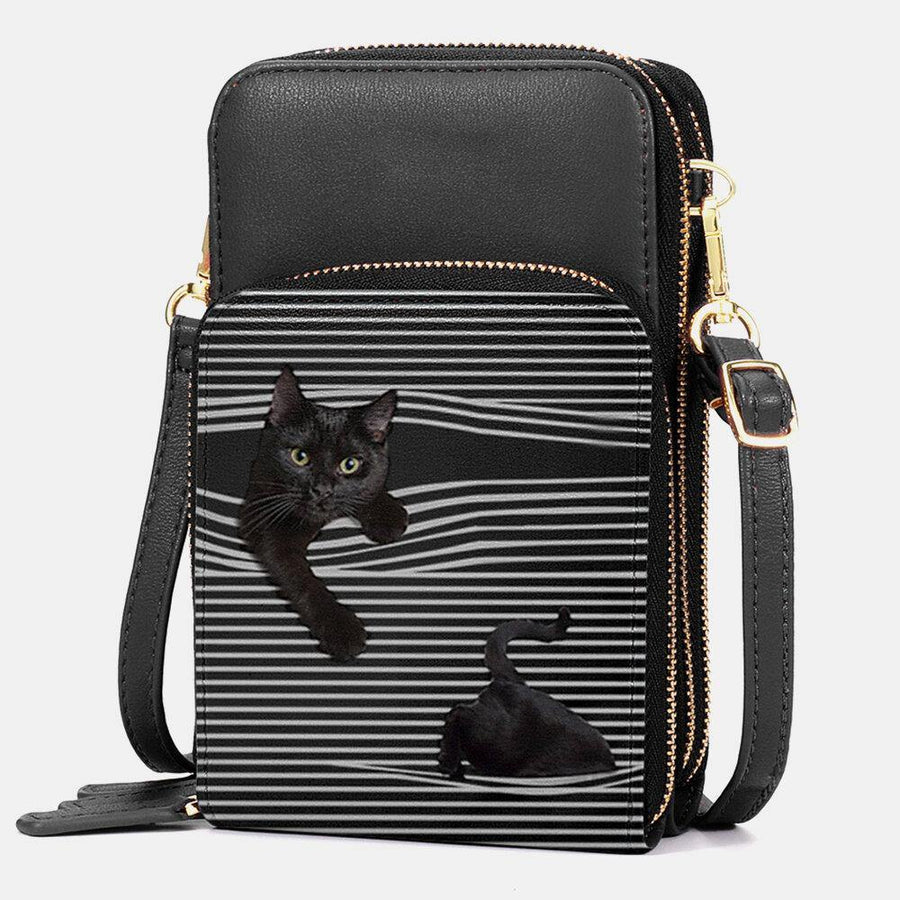 Women Faux Leather Casual Cute Black Cat and Stripes Pattern Adjustable Shoulder Bag Crossbody Bag - Trendha