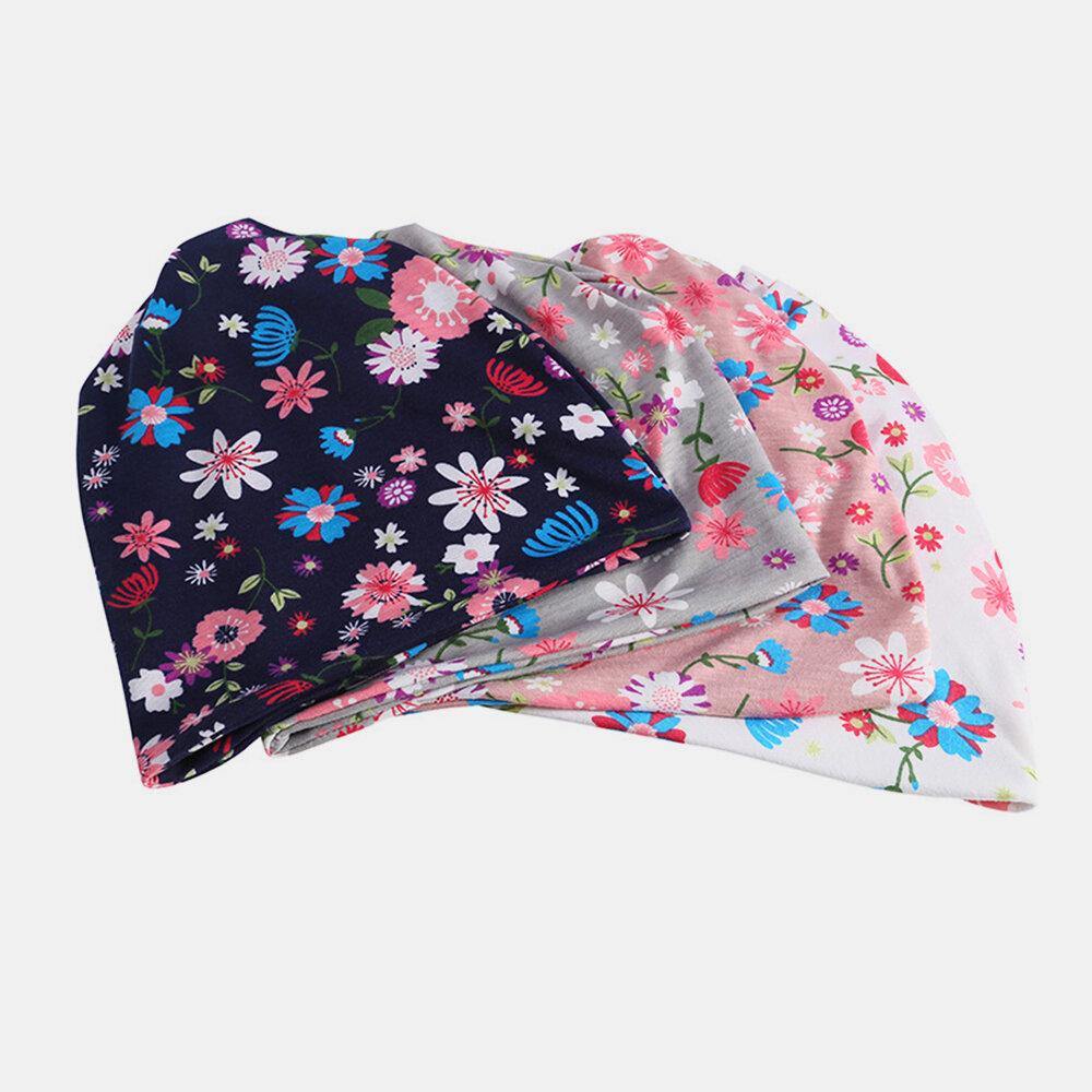 Women Cotton Colored Floral Printing Pattern Casual Outdoor Dual-Use Neck Protection Brimless Beanie - Trendha