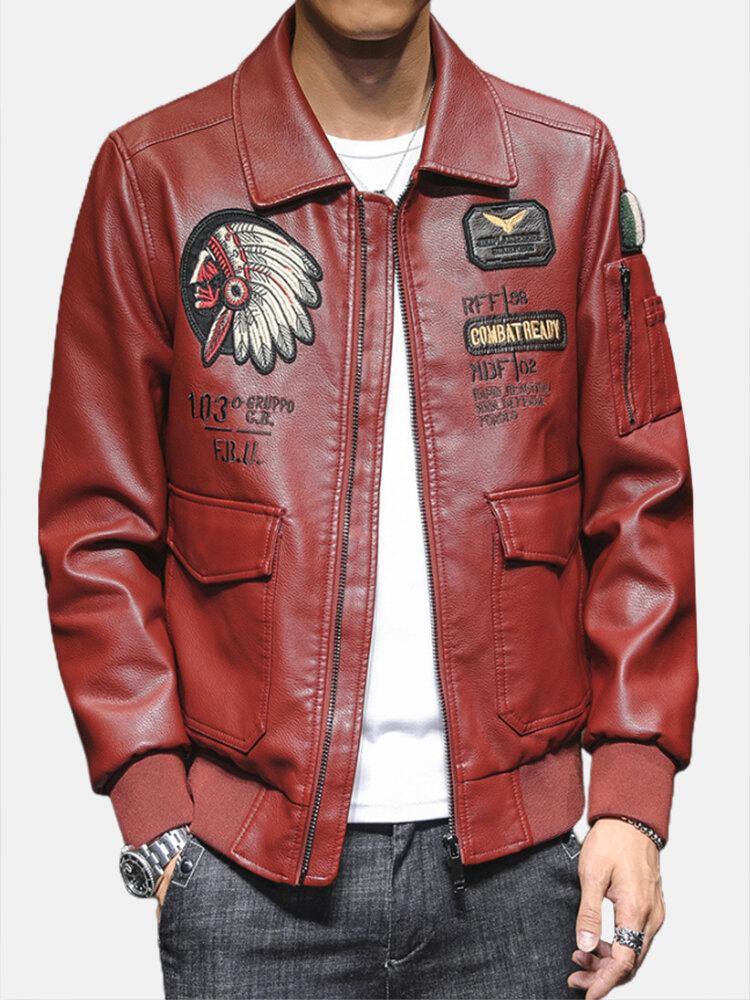 Mens Tribal Embroidery Eagle Head Badge Pocket Zipper Long Sleeve PU Leather Jackets - Trendha