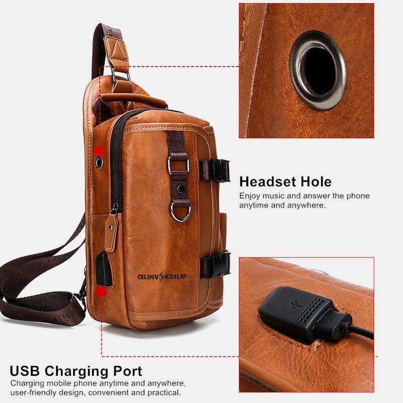 Men PU Leather Large Capacity Multifunction Headset Hole USB Charging Short Trip Sling Bags Crossbody Bag Chest Bag - Trendha
