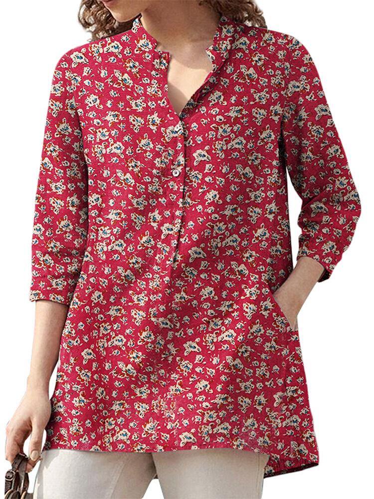 Women 100% Cotton Floral Leisure Bohemian Retro Style V-Neck Side Pockets Blouse - Trendha