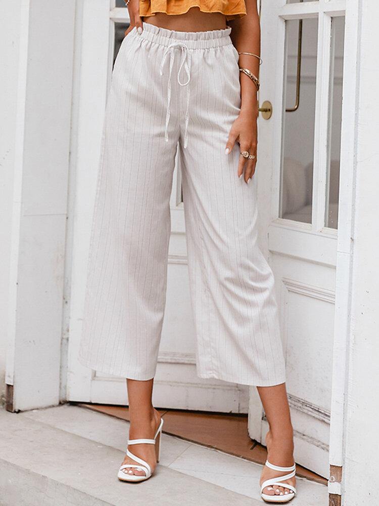 Striped Print Knotted Pocket Loose Casual Cropped Pants - Trendha