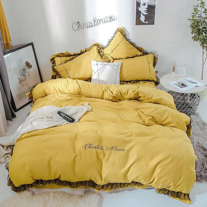 4PCS Solid Color Embroidery Lace Purfle Bedding Set Soft-smooth Duvet Cover Sheet Pillowcases King /Queen Size - Trendha