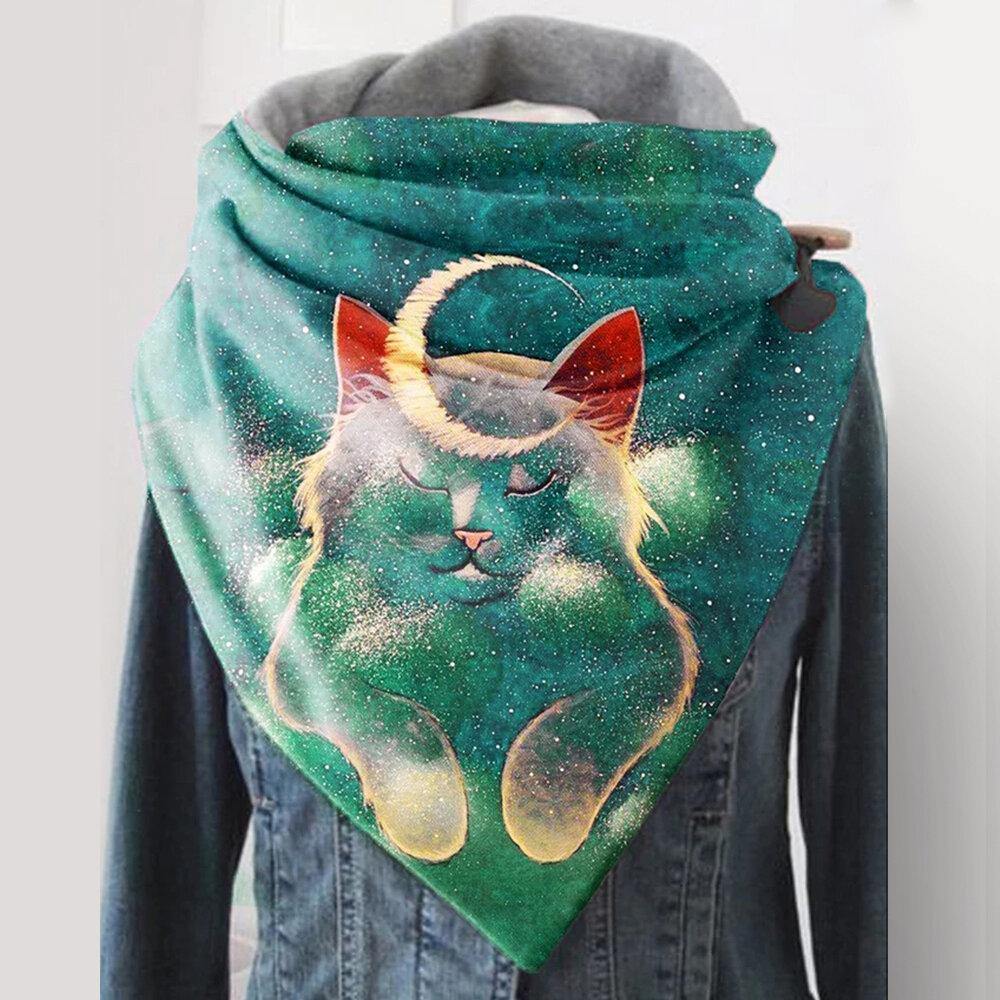 Women Cute Napped Cat And Moon Pattern Thick Soft Neck Protection Keep Warm Scarf - Trendha